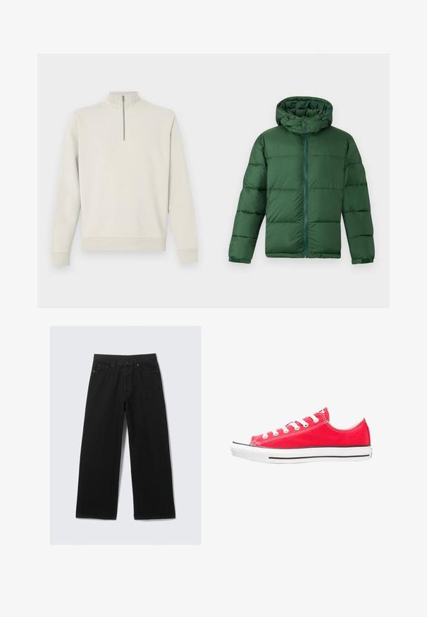 Grüne gepolsterte Jacke mit Kapuze, ausgestattet mit einem Frontzipper, Druckknopfverschlüssen und einem gesteppten Design zur Isolierung. Glatte Textur.; Langärmliger, off-white Pullover mit einem Viertelreißverschluss und hohem Kragen, gerippten Bündchen und Saum, auf einem schlichten Hintergrund präsentiert.; Schwarze weit geschnittene Jeanshose aus Denim, ausgestattet mit einem klassischen Fünf-Taschen-Design und einem strukturierten Taillenbund mit Gürtelschlaufen.; Rote Canvas-Sneaker mit weißem Gummikappe und Sohle. Verfügt über fünf Paar weiße Ösen, schwarzen Seitenstreifen und strukturierte Oberfläche.