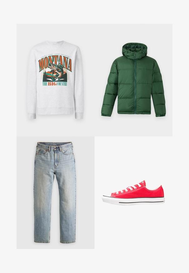 Veste rembourrée verte avec capuche, dotée d'une fermeture éclair à l'avant, de fermetures à bouton et d'un design matelassé pour l'isolation. Texture lisse.; Sweatshirt gris clair avec un grand graphique d'un poisson sautant, des montagnes et des arbres, avec le texte "Montana The Big Country" en orange et vert.; Jean en denim bleu clair à taille haute, avec bouton avant, fermeture éclair et design à cinq poches, posé à plat sur un fond neutre.; Baskets en toile rouge avec embout et semelle en caoutchouc blanc. Comprend cinq paires d'œillets blancs, une rayure noire sur le côté et une surface texturée.