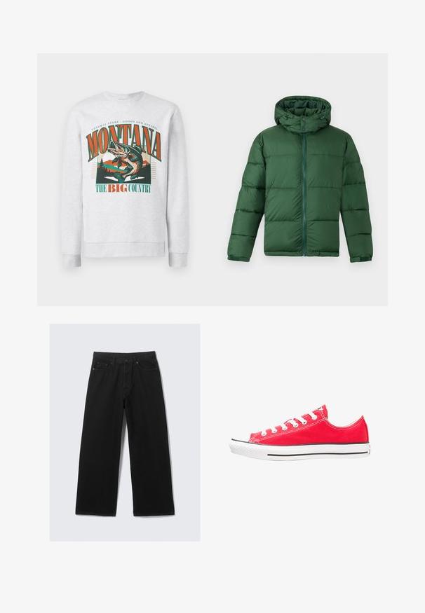 Zöld, párnázott dzseki kapucnival, elülső cipzárral, gombzárakkal és steppelt dizájnnal a szigetelésért. Sima textúra.; Világosszürke kapucnis pulóver, nagy ugró hal grafikával, hegyekkel és fákkal, narancssárga és zöld "Montana A Nagy Ország" felirattal.; Fekete, széles lábú farmernadrág, klasszikus öt zsebes kialakítással és struktúrált derékkal, övhurkokkal.; Piros vászon tornacipő fehér gumírozott orral és talppal. Öt pár fehér szemgörbe, fekete oldalsáv és texturált felszín jellemzi.