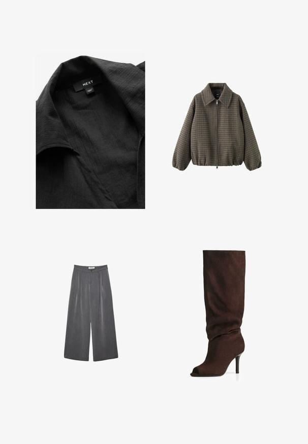 Veste bomber à motif pied-de-poule marron avec un col, fermeture éclair à l'avant et des poignets et un ourlet élastiques. Fabriquée en tissu tissé.; Chemise noire à col avec un tissu texturé présentant des motifs de tissage visibles. L'étiquette indique "NEXT", avec une étiquette d'entretien cousue à l'intérieur.; Pantalons larges plissés en tissu gris foncé avec une texture subtile. Présente une fermeture à bouton et un design de taille classique.; Botte marron foncé en suede, haute jusqu'au genou, avec un tige ample, un bout ouvert et un talon haut fin, photographiée sur fond blanc.
