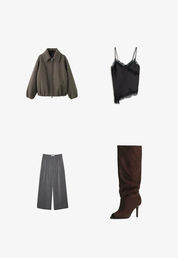 Brown houndstooth-patterned bomber jacket with a collared neck, zipper front, and elasticized cuffs and hem. Made of woven fabric.; Black silk camisole with delicate black lace trim along the neckline and asymmetrical hem; features thin adjustable straps.; Pleated wide-leg trousers in a dark gray fabric with a subtle texture. Features a button closure and a classic waistband design.; Dark brown suede knee-high boot with slouchy shaft, open toe, and slim high heel, photographed on white background.