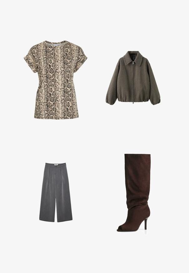 Smeđi bomber jakna s uzorkom houndstooth, s ovratnikom, prednjim zatvaračem i elastičnim manžetama i donjim dijelom. Izrađena od tkanine.; Bež majica kratkih rukava s uzorkom zmije u crnoj i smeđoj boji i okruglim izrezom.; Dugi hlače širokog kroja s plitkim naborima u tamnosivoj tkanini s suptilnom teksturom. Sadrže zatvaranje na gumba i klasičan dizajn struka.; Tamno smeđe nubuk čizme do koljena s opuštenim okvirom, otvorenom prstom i uskim visokim potplatom, fotografirane na bijeloj pozadini.