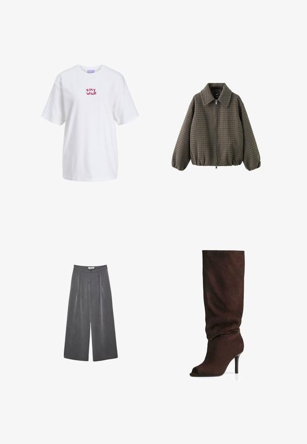 Hnědá bomber bunda s kostkovaným vzorem houndstooth, s límcem, předním zipem a elastickými manžetami a lemem. Vyrobena z tkané látky.; Bílý bavlněný tričko s krátkým rukávem a kulatým výstřihem, s nápisem "STAY WILD" v růžovém, hravém písmu na hrudi.; Přehnuté kalhoty s širokými nohavicemi v tmavě šedé tkanině s jemnou texturou. Obsahují zapínání na knoflík a klasický design pasu.; Tmavě hnědé semišové kozačky do kolen se sklouzávajícím holením, otevřenou špičkou a úzkým vysokým podpatkem, vyfotografované na bílém pozadí.