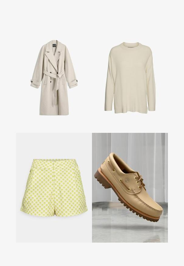Dolga bež volnena plašča z pasom, širokimi klopi, dvonamenskimi gumbi in zapenjanjem na gumbih, prikazana na belem ozadju.; Pulover iz kremaste volnene preje s visokim ovratnikom, dolgimi rokavi in sproščenim, kvadratnim krojem. Tkanina se zdi teksturirana in mehka.; Zelene kratke hlače s kariranim vzorcem, z višjim pasom, dvema sprednjima žepoma in mehkim bombažnim materialom.; Svetlo rjavi usnjeni čolnički čevlji s debelim, režastim podplatom in vezalkami, ki plavajo nad marmoriranje tal in ozadjem belih vertikalnih žaluzij.