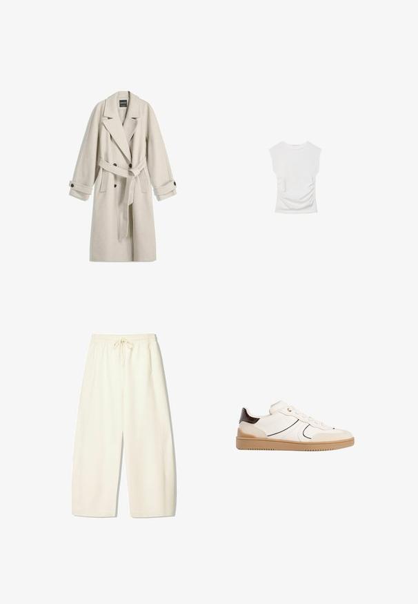 Dolga bež volnena plašča z pasom, širokimi klopi, dvonamenskimi gumbi in zapenjanjem na gumbih, prikazana na belem ozadju.; Bela kratka majica s kratkimi rokavi in okroglim izrezom. Ima nabran teksturo ob straneh in prilegajočo silhueto, izdelana iz mehke, raztegljive tkanine.; Kremne hlače ohlapnega kroja z elastičnim pasom, vrvico in stranskimi žepi. Mehka tkanina z gladko teksturo.; Stradivarius Športni copati - white