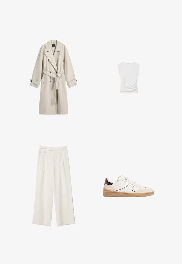 Długi beżowy wełniany płaszcz z paskiem, szerokimi klapami, podwójnymi guzikami oraz guzikami na mankietach, wyeksponowany na płasko na białym tle.; Biała bluzka z krótkim rękawem i okrągłym dekoltem. Posiada marszczoną teksturę po bokach oraz dopasowany krój, wykonana z miękkiego, elastycznego materiału.; Spodnie o szerokich nogawkach w off-white z gładkiego materiału. Posiadają wiązany pas i plisowany przód, zaprojektowane z myślą o luźnym kroju.; Stradivarius - Sneakersy niskie