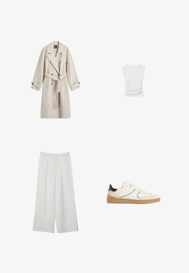 Dlhý béžový vlnený kabát s opaskom, širokými chlopňami, dvojradovými gombíkmi a gombíkovými manžetami, vystavený rovno na bielom pozadí.; Biely krátky rukáv top s okrúhlym výstrihom. Obsahuje zhromaždenú textúru po stranách a priliehavý strih, vyrobený z mäkkého, elastického materiálu.; Biele široké nohavice z ľahkého materiálu s elastickým pásom a šnúrkou na nastavenie veľkosti. Hladká textúra.; Stradivarius Tenisky - white