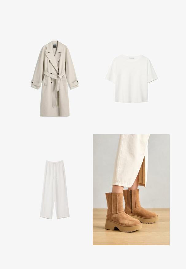 Dlouhý béžový vlněný kabát s páskem, širokými klopami, dvouřadovým zapínáním a knoflíkovými manžetami, vyložený na bílé pozadí.; Bílý krátký rukáv tričko vyrobené z bavlny. Má kulatý výstřih a volný střih. Hladký materiál bez viditelných vzorů nebo akcentů.; Bílé široké kalhoty vyrobené z lehké tkaniny. Mají elastický pas se šňůrkou a boční kapsy. Hladká textura.; Hnědé semišové kotníkové boty s robustní platformou, bočním zipem a vertikálními švy, zkombinované s krémovou sukní.