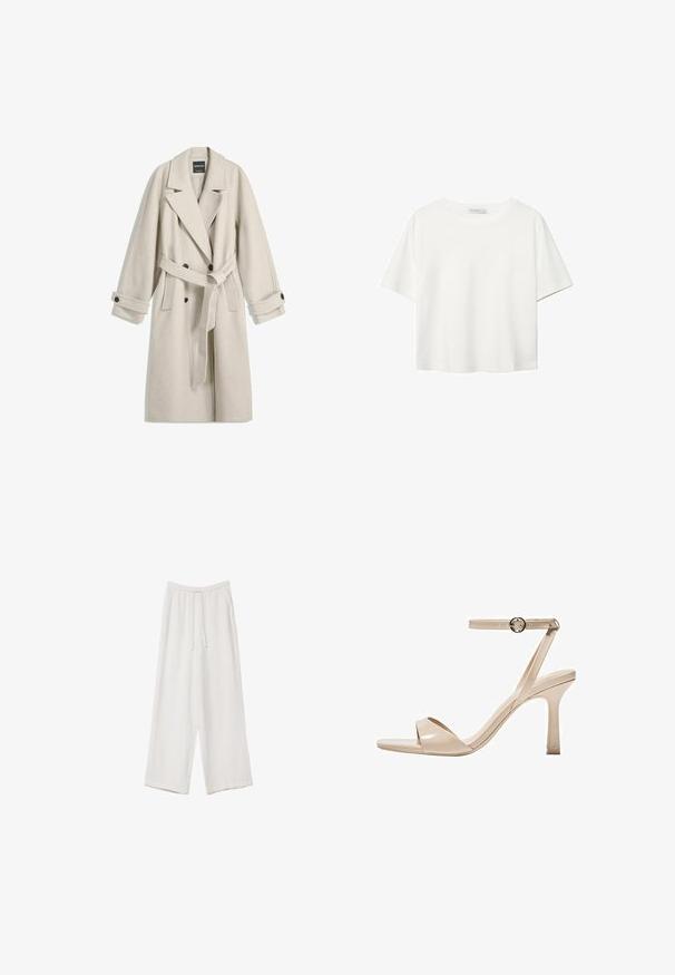 Dlouhý béžový vlněný kabát s páskem, širokými klopami, dvouřadovým zapínáním a knoflíkovými manžetami, vyložený na bílé pozadí.; Bílý krátký rukáv tričko vyrobené z bavlny. Má kulatý výstřih a volný střih. Hladký materiál bez viditelných vzorů nebo akcentů.; Bílé široké kalhoty vyrobené z lehké tkaniny. Mají elastický pas se šňůrkou a boční kapsy. Hladká textura.; Nude lakované sandály na vysokém podpatku s tenkým páskem kolem kotníku a kulatou sponou, otevřená špička a štíhlý jehlový podpatek.