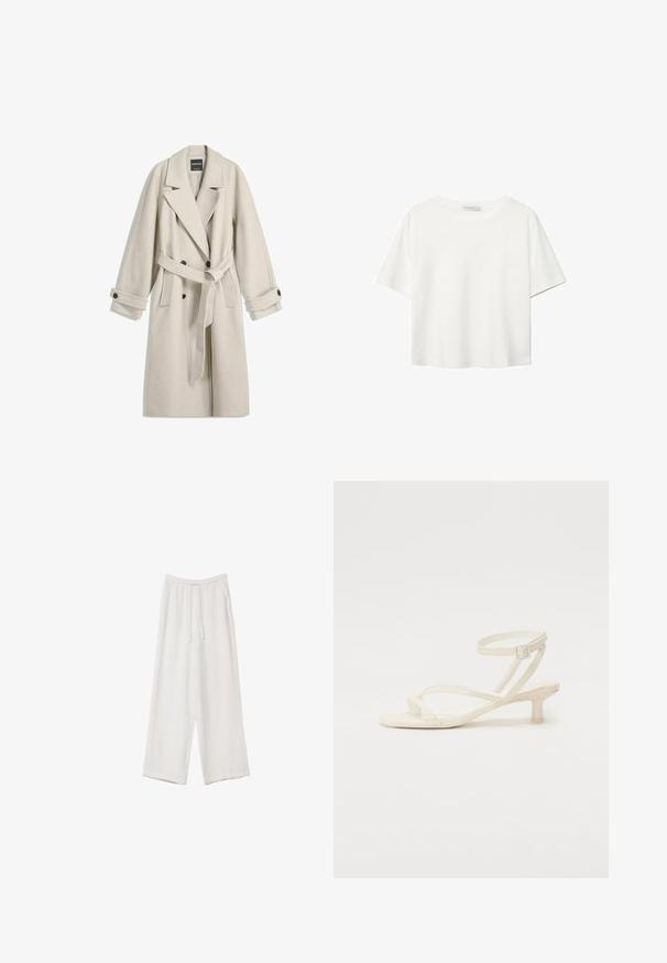 Długi beżowy wełniany płaszcz z paskiem, szerokimi klapami, podwójnymi guzikami oraz guzikami na mankietach, wyeksponowany na płasko na białym tle.; Biała koszulka z krótkim rękawem, wykonana z bawełny. Posiada okrągły dekolt i luźny krój. Gładka faktura bez widocznych wzorów czy akcentów.; Białe spodnie o szerokich nogawkach wykonane z lekkiego materiału. Posiadają elastyczny pas z sznurkiem i boczne kieszenie. Gładka tekstura.; Jasno-kremowe sandały na cienkim obcasie z niską, blokową podeszwą. Wykonane z gładkiego materiału, z cienkimi paskami i zapięciem na klamrę wokół kostki.