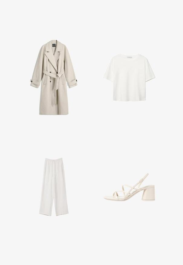 Lang beige uldfrakke med bælte, brede klapper, dobbeltradede knapper og knaplukninger ved håndleddene, vist fladt på hvid baggrund.; Hvid kortærmet t-shirt lavet af bomuld. Har en rund halsudskæring og en afslappet pasform. Glat tekstur uden synlige mønstre eller detaljer.; Hvide bukser med bred benlængde lavet af et letvægtsstof. Har et elastisk talje med snor og sidelommer. Glat tekstur.; Beige hælede sandaler med slanke, krydsende stropper, åben tå og en kvadratisk blokhæle. Glat lakeret finish, justerbar ankelrem.