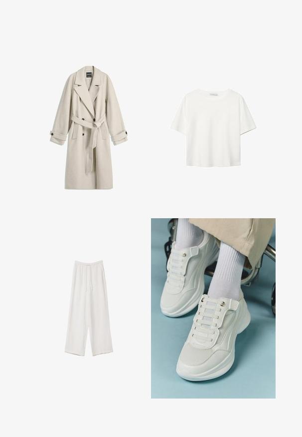 Lang beige uldfrakke med bælte, brede klapper, dobbeltradede knapper og knaplukninger ved håndleddene, vist fladt på hvid baggrund.; Hvid kortærmet t-shirt lavet af bomuld. Har en rund halsudskæring og en afslappet pasform. Glat tekstur uden synlige mønstre eller detaljer.; Hvide bukser med bred benlængde lavet af et letvægtsstof. Har et elastisk talje med snor og sidelommer. Glat tekstur.; Hvide sneakers med mesh-materiale, gummisål, snørebåndsfri design med elastiske bånd og guldtonede accenter.
