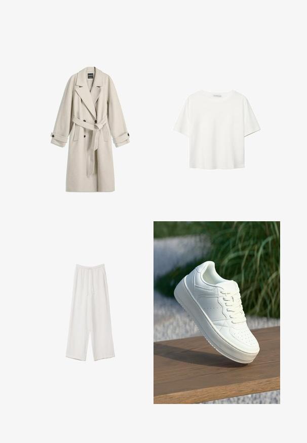 Lång beige ullkappa med bälte, breda slag, dubbelknäppta knappar och knappade ärmar, uppvisad liggande på vit bakgrund.; Vit t-shirt med kort ärm i bomull. Har en rundad halsringning och en avslappnad passform. Slät textur utan synliga mönster eller detaljer.; Vita vida byxor i vid passform gjorda av ett lättviktsmaterial. Har en elastisk midja med dragsko och sidofickor. Slät textur.; Vita lädersneakers med platt sula, rund tå och perforerade detaljer. Har snörning framtill och en minimalistisk design på en träytan.