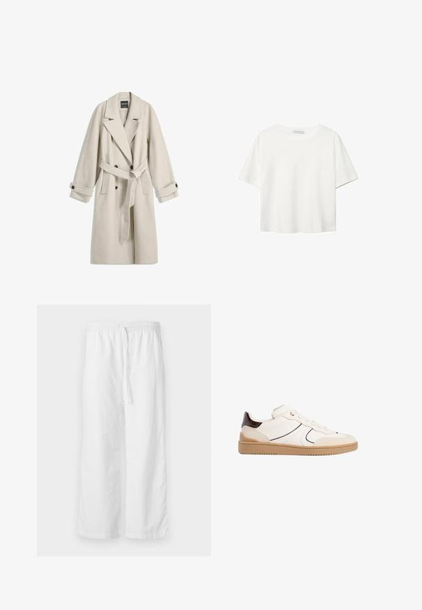Dlhý béžový vlnený kabát s opaskom, širokými chlopňami, dvojradovými gombíkmi a gombíkovými manžetami, vystavený rovno na bielom pozadí.; Biela krátkopsová tričko vyrobené z bavlny. Má okrúhly výstrih a voľný strih. Hladká textúra bez viditeľných vzorov alebo akcentov.; Biele textúrované nohavice širokého strihu s elastickým pásom a nastaviteľným šnúrkovým pásom. Jednoduchý, minimalistický dizajn bez ozdôb.; Stradivarius Tenisky - white