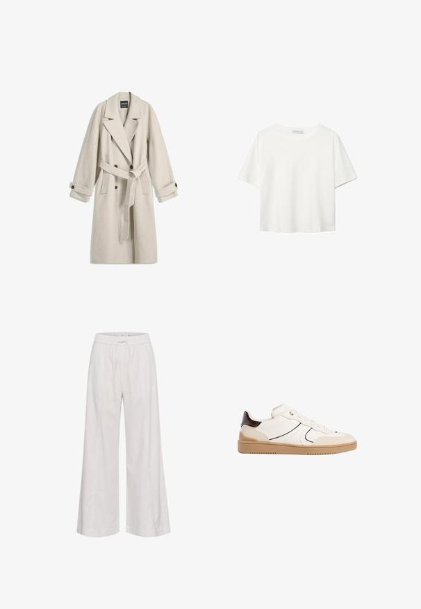 Lungo cappotto di lana beige con cintura, ampi rever, bottoni doppi e polsini con bottone, presentato steso su uno sfondo bianco.; T-shirt bianco a maniche corte realizzato in cotone. Presenta un collo tondo e una vestibilità rilassata. Texture liscia senza motivi o dettagli visibili.; Pantaloni a gamba larga in morbido tessuto bianco, caratterizzati da un elastico in vita con cordoncino, texture liscia e senza ulteriori adornamenti.; Stradivarius Sneakers basse - white