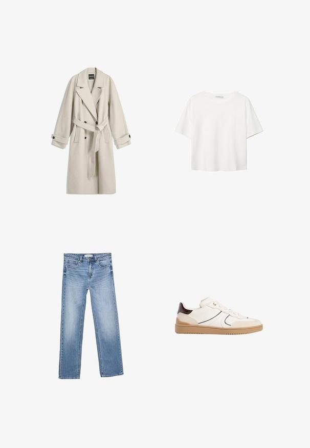 Dug veliki bež vuneni kaput s remenom, širokim reverima, dvostrukim dugmadi i dugmićima na rukavima, prikazan ravno na bijeloj pozadini.; Bijela majica kratkih rukava od pamuka. Ima okrugli izrez i opušteni kroj. Glatka tekstura bez vidljivih uzoraka ili naglasaka.; Ravne traperice plave boje, s izblijeđenim efektom, pet džepova i klasičnim gumbom za kopčanje. Izrađene od pamučne tkanine s upadljivim šavovima.; Stradivarius Tenisice - white