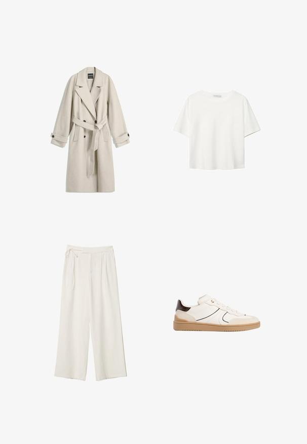 Dug veliki bež vuneni kaput s remenom, širokim reverima, dvostrukim dugmadi i dugmićima na rukavima, prikazan ravno na bijeloj pozadini.; Bijela majica kratkih rukava od pamuka. Ima okrugli izrez i opušteni kroj. Glatka tekstura bez vidljivih uzoraka ili naglasaka.; Hlače širokih nogavica od off-white tkanine s glatkom teksturom. Imaju vezani struk i naborani prednji dio, dizajnirane za opuštenu prilagodbu.; Stradivarius Tenisice - white