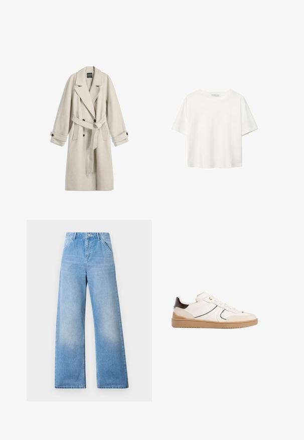 Dlhý béžový vlnený kabát s opaskom, širokými chlopňami, dvojradovými gombíkmi a gombíkovými manžetami, vystavený rovno na bielom pozadí.; Biela krátkopsová tričko vyrobené z bavlny. Má okrúhly výstrih a voľný strih. Hladká textúra bez viditeľných vzorov alebo akcentov.; Svetlomodré denimové nohavice s širokými nohavicami a vysokým pásom, s dvoma prednými vreckami a zapínaním na gombík. Čistý vzhľad s minimálnym vyblednutím.; Stradivarius Tenisky - white