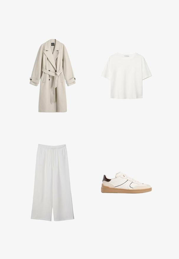 Lange beige wollen jas met riem, brede revers, dubbelknopsluiting en knoopmanchetten, plat weergegeven op een witte achtergrond.; Witte korte mouwen t-shirt van katoen. Heeft een ronde halslijn en een ontspannen pasvorm. Glad textuur zonder zichtbare patronen of accenten.; Witte wijde broek van lichtgewicht stof, met een elastische tailleband en een trekkoord voor een verstelbare pasvorm. Glad texture.; Stradivarius Sneakers laag - white