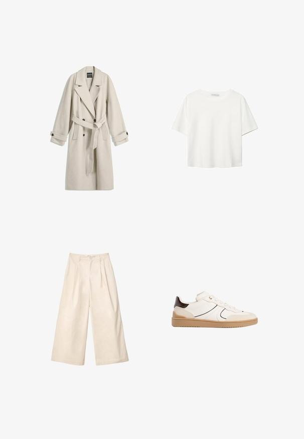 Langer beigefarbener Wollmantel mit Gürtel, breiten Revers, doppelreihigen Knöpfen und geknöpften Manschetten, flach auf weißem Hintergrund präsentiert.; Weißes T-Shirt mit kurzen Ärmeln aus Baumwolle. Hat einen Rundhalsausschnitt und eine lockere Passform. Glatte Textur ohne sichtbare Muster oder Akzente.; Beige weit geschnittene Hose aus weichem Stoff mit hohem Bund, ausgestattet mit Falten und einem vorderen Knopfverschluss. Glatte Textur und maßgeschneidertes Design.; Stradivarius Sneaker low - white