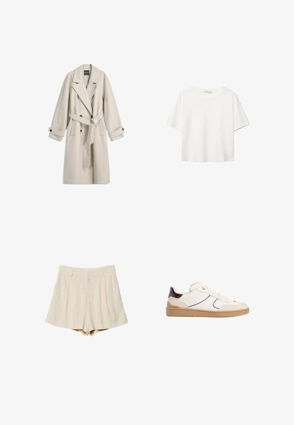 Dolga bež volnena plašča z pasom, širokimi klopi, dvonamenskimi gumbi in zapenjanjem na gumbih, prikazana na belem ozadju.; Bela kratka majica s kratkimi rokavi iz bombaža. Ima okroglo izrezovanje in sproščen kroj. Gladka tekstura brez vidnih vzorcev ali poudarkov.; Bež lanene kratke hlače s pregibi, ravnim pasom in stranskimi žepi. Tkanina ima mehak teksturo in elegantno, ravno krojenje.; Stradivarius Športni copati - white