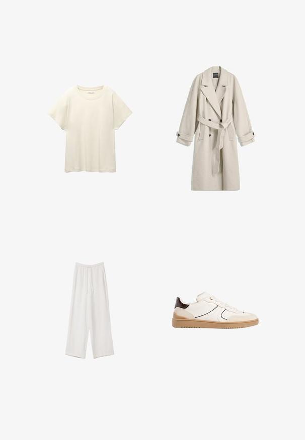 Długi beżowy wełniany płaszcz z paskiem, szerokimi klapami, podwójnymi guzikami oraz guzikami na mankietach, wyeksponowany na płasko na białym tle.; Jasno beżowa, krótko rękawowa koszulka z okrągłym dekoltem, wykonana z miękkiego, gładkiego materiału. Posiada luźny krój i prosty dół.; Białe spodnie o szerokich nogawkach wykonane z lekkiego materiału. Posiadają elastyczny pas z sznurkiem i boczne kieszenie. Gładka tekstura.; Stradivarius - Sneakersy niskie