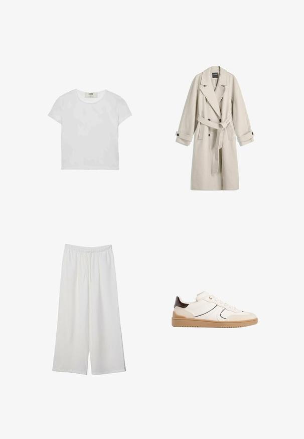 Pitkä beige villakangastakki vyöllä, leveillä läpillä, kaksirivisillä napituksilla ja napitettavilla hihansuilla, aseteltuna tasaisesti valkoiselle taustalle.; Lyhythemmtä, pyöreäkauluksista valkoista t-paitaa, joka on valmistettu pehmeästä puuvillasta. Paidassa on yksinkertainen, selkeä muotoilu ilman näkyviä kuvioita tai korostuksia.; Valkoiset leveälahkeiset housut, jotka on valmistettu kevyestä kankaasta. Niissä on joustava vyötärö ja nauha säädettävää istuvuutta varten. Sileä pinta.; Stradivarius Matalavartiset tennarit - white