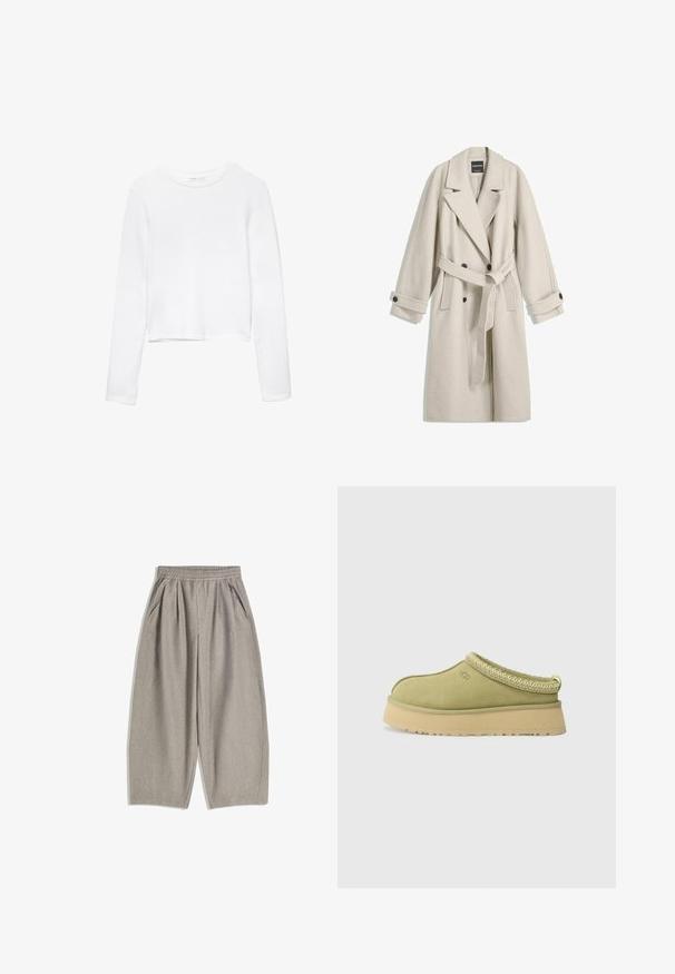 Lange beige wollen jas met riem, brede revers, dubbelknopsluiting en knoopmanchetten, plat weergegeven op een witte achtergrond.; Witte lange mouwen korte shirt gemaakt van zachte stof, met een ronde halslijn en een eenvoudig, naadloos ontwerp zonder versieringen.; Grijze, wijde broek gemaakt van zachte stof, met een elastische tailleband en twee zijzakken, in een schoon, minimalistisch ontwerp.; UGG TAZZ II - Clogs - muted brass