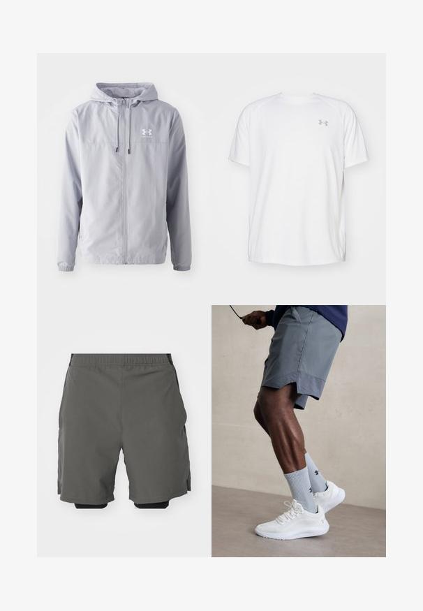 Veste légère gris clair avec capuche, fermeture éclair à l'avant, poignets élastiques et logo Under Armour sur la poitrine gauche. Tissu lisse et résistant à l'eau.; T-shirt de sport à manches courtes de couleur blanche, fabriqué en tissu lisse. Il présente un col rond et un logo gris sur la poitrine gauche, avec des fentes sur les côtés au niveau de l'ourlet.; Shorts de sport gris en tissu lisse et léger avec une taille élastique, dotés de shorts de compression intérieurs et de poches latérales.; Baskets de sport blanches avec une tige en mesh texturé, associées à des chaussettes bleues claires à côtes avec un logo. Shorts de sport gris avec des bordures perforées.