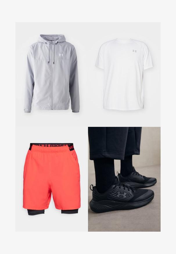 Gaiši pelēka viegla jaka ar kapuci, priekšējo rāvējslēdzēju, elastīgām aprocēm un Under Armour logo kreisajā krūtī. Gluda, ūdens izturīga materiāla.; Baltas īsajiem piedurknēm sporta krekls, izgatavots no gludas auduma. Tam ir apaļa kakla izgriezums un pelēks logo uz kreisās krūtis, kā arī sānu šķēlumi apakšmalā.; Under Armour VANISH STS - Šorti “divi vienā” - racer red/black; Persona, kurš valkā melnus sporta apavus ar teksturētām sāniem un logo, kombinēti ar melnām zeķēm un īsām biksēm uz gaišas grīdas.