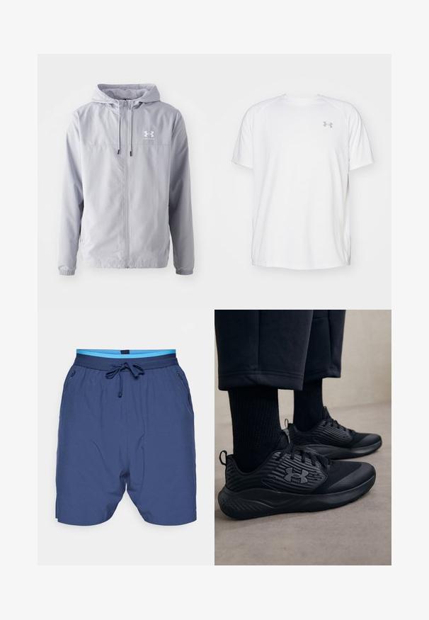 Svetlo siva lahka jakna s kapuco, z zadrgo spredaj, elastičnimi zapestji in logotipom Under Armour na levi strani prsnega koša. Gladek, vodoodporen material.; Bela kratka športna majica s kratkimi rokavi, izdelana iz gladkega blaga. Ima okroglo ovratnico in sivo logotip na levi prsi ter stranske razpoke na robu.; Temno modri šortki z elastičnim pasom, svetlo modrimi detajli in stranskimi žepi. Narejeni so iz gladkega, lahkega materiala.; Oseba nosi črne atletske superge z teksturirano stranjo in logotipom, v kombinaciji s črnimi nogavicami in skrajšanimi hlačami na svetli podlagi.