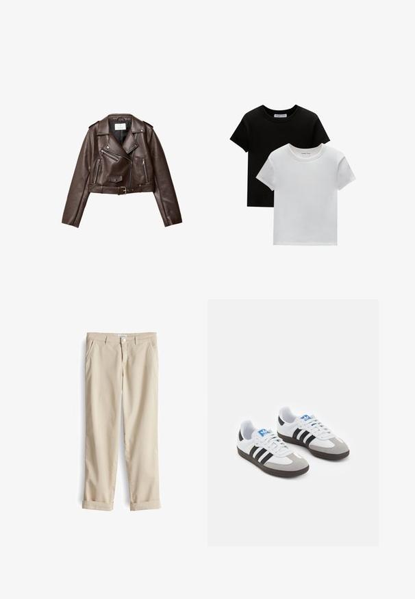 Geknipte donkerbruin leren motorjack met asymmetrische rits, drie ritszakken, drukknoopkraag en ceintuur in de taille op een witte achtergrond.; Twee crew-neck t-shirts in zwart en wit, gemaakt van katoen. Ze hebben korte mouwen en een effen kleurontwerp zonder patronen of accenten.; Beige katoenen chino broek met een klassieke fit, voorzien van voorzakken en opgerolde manchetten. Soepele textuur en subtiele stikdetails.; Sportschoenen met een witte leren bovenkant, grijze suède neus en drie zwarte strepen. Bevat een blauw logo op de tong en een gestructureerde rubberen zool.