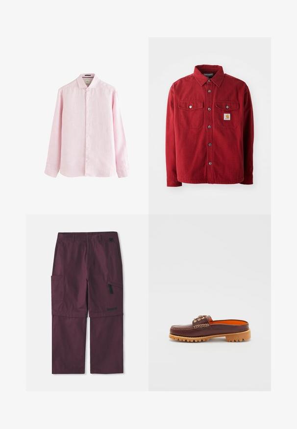 Červená bavlnená košela s prekrývacími golierom, dvoma náprsními vreckami s kovovými gombíkmi a malou nášivkou loga na ľavom vrecku.; Svetloružová košeľa s dlhým rukávom vyrobená z plátna, s golierom na zapínanie na gombíky, predným zapínaním s bielymi gombíkmi a mierne zaobleným lemom.; Burgundské cargo konvertibilné nohavice s bočnou zipsovou vreckou a logom Timberland na pravej nohe, zobrazený predĺžený vnútorný šev.; Hnedá kožená slip-on obuv s zaobleným špičkou, textúrovaným šitím, zlatými očkami a svetlohnedou, drsnou podrážkou. Interiér má jasne oranžovú farbu.