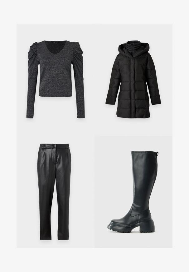 Black puffer coat with a hood, featuring a quilted design, long sleeves, and a zipper closure. Smooth texture and angled hem.; Long-sleeve black top with puffed shoulders, made of shimmering fabric. Features a deep V-neck and a fitted silhouette.; Black leather pants with a smooth texture, straight fit, elastic waistband, and a front button closure; pleated detailing and tapered legs.; Tall black leather boot with chunky platform sole and block heel, featuring pull tab and textured tread on outsole.