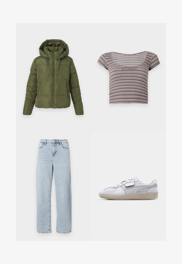 Olive green puffer jacket with attached hood, front zipper, drawstring cords, and zippered side pockets, designed for cold weather.; Brown, blue, and beige striped short-sleeve cropped top with a scoop neckline and "YES PLEASE" text across the chest.; Light blue high-waist straight-leg jeans with front button, zipper, and five-pocket design on a white background.; White leather sneaker with gray accents, lace-up closure, and a textured rubber outsole. Features a prominent logo on the side.