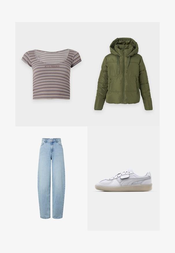 Olive roheline viigipusa, millel on kinnitatud kapuuts, ees olev tõmblukk, nöörid ja lukuga küljetaskud, mõeldud külmemateks ilmadeks.; Pruun, sinine ja beež triibuline lühikeste varrukatega lühikene topp, millel on ümmargune kaelus ja rinnal tekst "JAH PALUN".; Helerohelised kõrge vöökohaga lahtise lõikega teksad, valmistatud teksast. Omadusteks on sirged sääred, viis taskut ja nööpidega sulgur.; Valge nahast spordijalats hallide aktsentidega, paeltega sulgemine ja tekstureeritud kummist välistald. Külgedel on märkimisväärne logo.