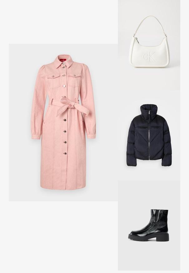 Puffjakke i mørk marineblå med høy krage, med metallglidelås og diagonale sømdetaljer. Laget av lett, glinsende stoff.; Rosa denimkjole med lange ermer, knapp-opp foran, to brystlommer, belte i midjen og elastiske mansjetter.; Svarte ankelstøvler med en blank lakkfinish, kraftig svart gummisåle og hevet hæl; inkluderer subtile logo-detaljer på siden.; Hvit lærveske med en buet fasong, med et preget "CK"-logo på forsiden og en enkel skulderstropp. Glidelåslukking på toppen.