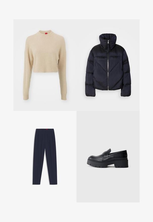 Giacca puffer di un blu navy scuro con colletto alto, dotata di una zip metallica e dettagli con cuciture diagonali. Realizzata in tessuto leggero e lucido.; HUGO SELLEN - Maglione - open beige; Pantaloni su misura blu navy con una texture liscia, dotati di pieghe frontali e tasche laterali. Design a gamba dritta e senza decorazioni visibili.; Mocassino platform nero chunky con tomaia in pelle liscia, fascia decorativa e suola spessa e testurizzata su sfondo bianco.