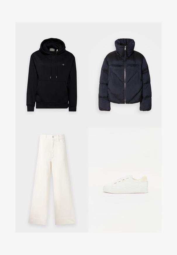 Pufasta jakna u tamnom mornarskom plavom s visokim okovratnikom, sa metalnim zatvaračem i dijagonalnim šavovima. Izrađena od lagane, sjajne tkanine.; Crna dukserica s kapuljačom, prednjim džepom, vezicama i mekim materijalom. Ima mali izvezeni logo na prsima i rebraste manžete.; Hlače širokih nogavica u svijetloj bež pamučnoj tkanini. Imaju visoki struk, prednje džepove i ravni kroj. Čista obruba bez uzoraka.; Bijela tenisica s platnenim gornjim dijelom, okruglim vrhom i ravnim gumenenim potplatom. Ima zlatne rupice za vezanje i svijetlosmeđi naglasak na peti.