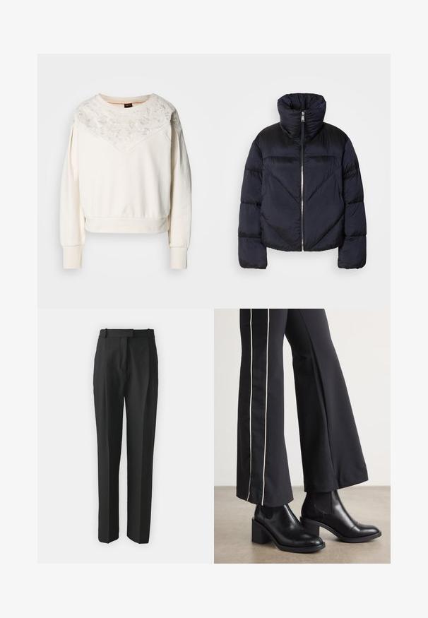 Dunjacka i mörk marinblå med hög krage, utrustad med en metallisk dragkedja och diagonala sömmar. Tillverkad av lätt, glansigt tyg.; Vit sweatshirt med lång ärm, som har ett broderat blommönster vid oket, ribbade ärmslut och en avslappnad passform.; Svarta skräddarsydda byxor i lätt tyg, med rak passform, platt front och bältloops. Slät yta utan synliga mönster.; Svarta läderankelboots med klack, med elastiska sidopaneler. I kombination med svarta byxor som har en vit sidostrip.