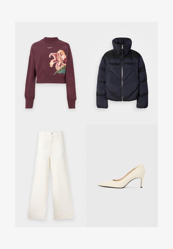 Puffer jacket in dark navy with high collar, featuring a metallic zipper and diagonal seam detailing. Made from lightweight, shiny fabric.; Maroon cropped sweatshirt with ribbed cuffs and collar, featuring a large pink and orange flower print and small brand logo on chest.; Wide-leg trousers in light beige cotton. Features a high waist, front pockets, and a straight cut. Clean hem finishing without patterns.; White leather high-heeled pump with a pointed toe, smooth texture, and black sole accent. Classic design with a moderate heel height.