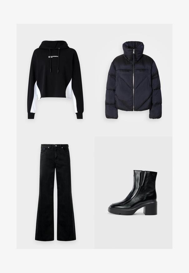 Puffer jacket in dark navy with high collar, featuring a metallic zipper and diagonal seam detailing. Made from lightweight, shiny fabric.; Black cropped hoodie with white side panels, drawstring hood, and front lettering. Made from soft fabric; features long sleeves and ribbed cuffs.; Black denim flared jeans with a high waist, five-pocket design, and visible stitching details. Smooth texture with a slight sheen.; Black patent leather ankle boots with a curved toe, elastic side panels, and a chunky block heel. Features embossed logo on the back.