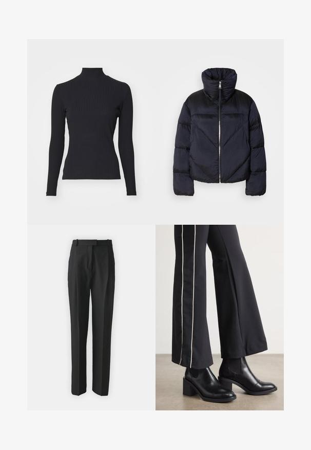 Tumedast meresinine puhvärk jacket kõrge kaelusega, millel on metalne tõmblukk ja diagonaalsed õmblused. Valmistatud kergest ja läikivast kangast.; Mustmust töötopp, millel on pikad varrukad. Valmistatud venivast kangast, millel on külgehoidv vorm ja kõrge krae. Lihtne disain ilma kaunistusteta.; Mustad kohandatud mustad püksid kergest kangast, sirge lõikega, lamedate esiosadega ja vöökohaga. Sile tekstuur ilma nähtavate mustriteta.; Mustad nahast pahklu_bootid, millel on ploki konts ja elastsed külgpaneelid. Kombineeritud mustade pükstega, millel on valge küljeriba.