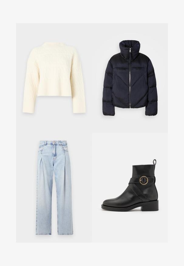 Puffermantel in dunkelblau mit hohem Kragen, ausgestattet mit einem glänzenden Reißverschluss und diagonalen Nahtdetails. Hergestellt aus leichtem, glänzendem Stoff.; Cremfarbener, verkürzter Pullover mit strukturiertem Muster, mit geripptem Saum und langen Ärmeln. Hergestellt aus weichem Strickmaterial.; Helle blaue Denim-Jeans mit hoher Taille, weitem Beinschnitt, zwei seitlichen Taschen und gefaltetem Design. Weiche Textur mit einem ausgebleichten Finish.; BOSS IRYNA BOOTIE - Plateaustiefelette - black