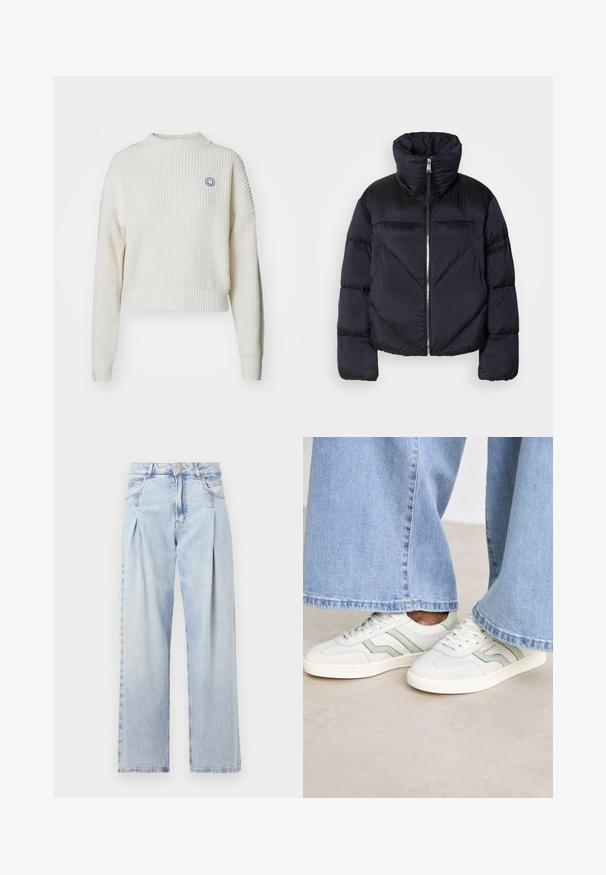 Puffjakke i mørk marineblå med høy krage, med metallglidelås og diagonale sømdetaljer. Laget av lett, glinsende stoff.; Hvit ribbestrikket genser med høy hals og senkede skuldre. Har en liten blå smiley-logo på brystet. Cropped design.; Lyseblå denimjeans med høy livlinje, vide ben, to sidelommer og plisserte detaljer. Myk tekstur med en falmet finish.; Hvite sneakers med lysegrønne detaljer, teksturert lær og flate gummisåler. Kombinert med vide denimbukser.