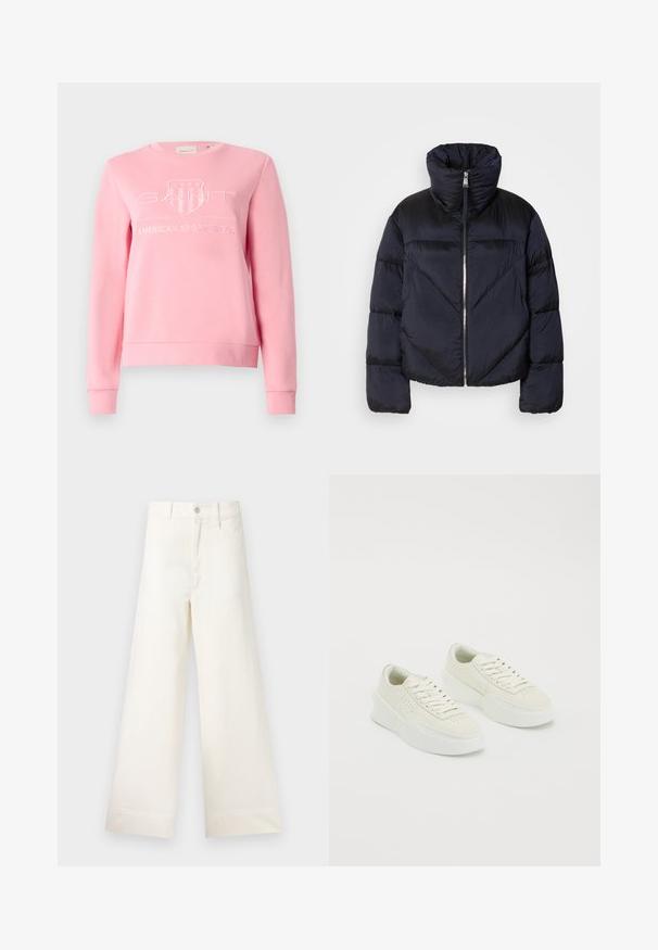 Puffer jacket in dark navy with high collar, featuring a metallic zipper and diagonal seam detailing. Made from lightweight, shiny fabric.; Pink sweatshirt made of cotton blend, featuring crew neck, ribbed cuffs, and embroidered "GANT" logo with shield and "American Sportswear" text.; Wide-leg trousers in light beige cotton. Features a high waist, front pockets, and a straight cut. Clean hem finishing without patterns.; White low-top sneakers with thick soles and laces, featuring perforated detailing on the sides and toe area, displayed on a white background.