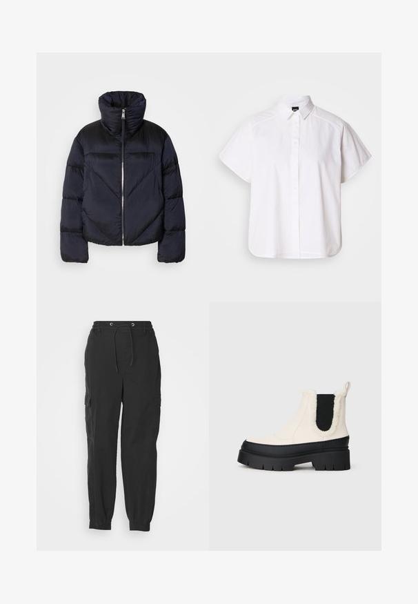 Puffer jacket in dark navy with high collar, featuring a metallic zipper and diagonal seam detailing. Made from lightweight, shiny fabric.; White short-sleeve button-up shirt with a pointed collar and curved hem. Made from cotton with a smooth texture and no visible patterns.; Black cargo pants with an elastic waistband, drawstring, and side pockets; tapered legs with cuffed hems. Made of lightweight fabric.; Chunky platform ankle boots with a white upper, black rubber sole, and contrasting black elastic side panels. Faux fur trim at the top edge.