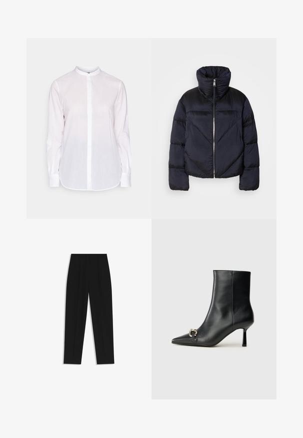 Giacca puffer di un blu navy scuro con colletto alto, dotata di una zip metallica e dettagli con cuciture diagonali. Realizzata in tessuto leggero e lucido.; Camicia bianca a maniche lunghe con colletto alla cinese, chiusura frontale con bottoni e orlo leggermente curvato. Realizzata in tessuto leggero e testurizzato.; Pantaloni neri a taglio dritto, con doppie pieghe, una texture liscia e un design classico in vita. Nessun hardware o dettaglio visibile.; Stivale alla caviglia in pelle nera con punta affusolata, tacco sottile di media altezza e dettaglio in fibbia argentata sul lato, su sfondo semplice.