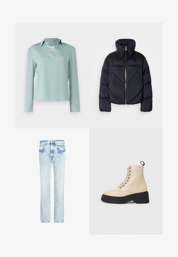 Sötét navy színű pufi dzseki magas gallérral, fém cipzárral és átlós varrásokkal. Könnyű, fényes anyagból készült.; Calvin Klein Blúz - abyss; Világoskék farmernadrág egyenes lábakkal, öt zsebbel és elhalványult textúrával. Látható varrásokkal és klasszikus gombos záródással rendelkezik.; Beige bokacsizmák vastag fekete talppal és fémlyukakkal ellátott fűzéssel, hátul húzófüllel és oldalt logóval.