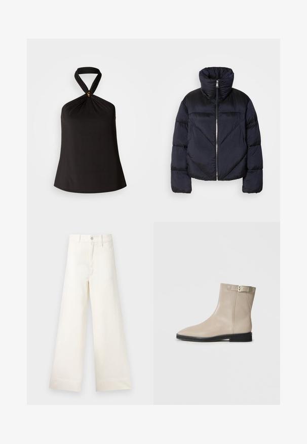 Pufová bunda v tmavej námornej farbe s vysokým golierom, vybavená kovovým zipsom a diagonálnym švom. Vyrobená z ľahkej, lesklej tkaniny.; Čierny halter top vyrobený z hladkej látky, s prekrúteným dizajnom okolo krku a dekoratívnym zlatým akcentom v strede. Jednoduchý, splývavý silueta.; Široké nohavice z ľahkej béžovej bavlny. Majú vysoký pás, predné vrecká a rovný strih. Čisté ukončenie bez vzorov.; Béžová kožená členková obuv s špicatou špičkou, čiernou podrážkou, nízkym opätkom a zlatým prackovým pásikom na vonkajšej strane, zobrazená na bielom pozadí.